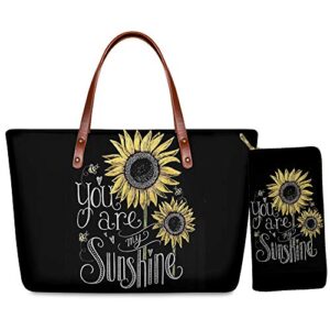 wellflyhom sunflower handbag and wallet set gifts for women ladies top handle bag for school evening party favors shoulder messenger bag tote purse and wallet set you are my sunshine black