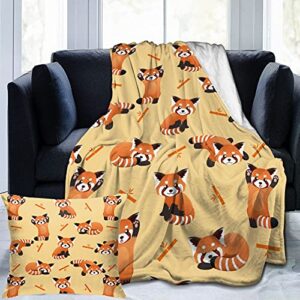 pavqwej flannel fleece throw blanket,cute red panda and bamboo home decor perfect for bed and sofa blankets with pillowcase cover（18″x 18″） for all season microfiber durable couch blankets（50″x 40″）