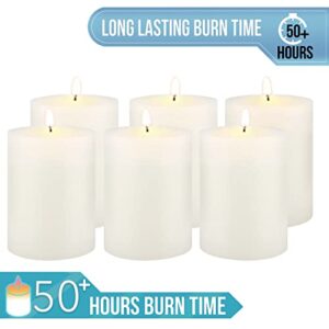 Stonebriar Tall 3 x 4 Inch 50 Hour Long Burning Unscented Wax Flat Top Pillar Candles, White, 6 Pack