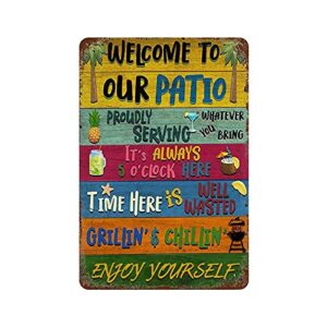 larkverk welcome to our patio metal tin sign for home wall decor proudly serving whatever you bring, backyard signs for farmhouse home party coffee shop