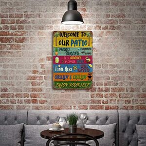 Larkverk Welcome to Our Patio Metal Tin Sign for Home Wall Decor Proudly Serving Whatever You Bring, Backyard Signs for Farmhouse Home Party Coffee Shop