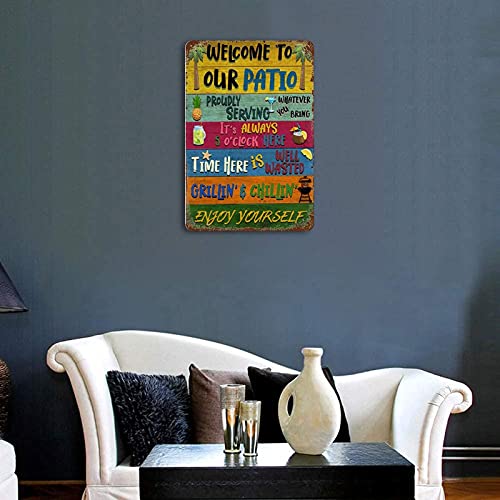 Larkverk Welcome to Our Patio Metal Tin Sign for Home Wall Decor Proudly Serving Whatever You Bring, Backyard Signs for Farmhouse Home Party Coffee Shop