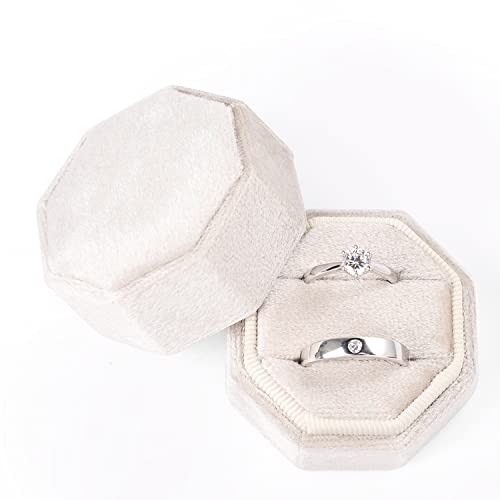 Etercycle Velvet Ring Box, Octagon Gorgeous Vintage Double Jewelry Ring Gift Box with Detachable Lid for Proposal Engagement Wedding Ceremony (Beige)