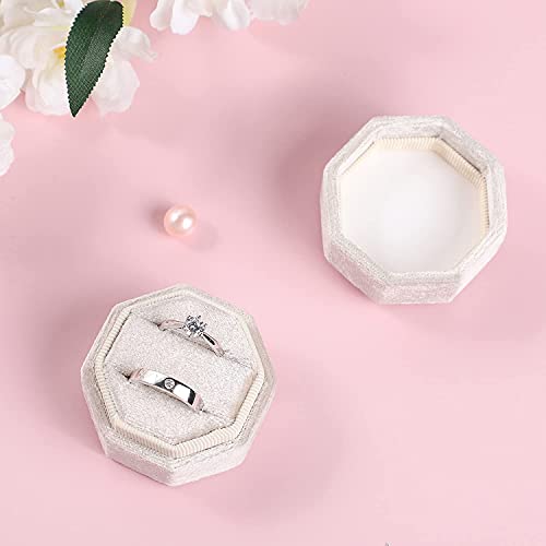 Etercycle Velvet Ring Box, Octagon Gorgeous Vintage Double Jewelry Ring Gift Box with Detachable Lid for Proposal Engagement Wedding Ceremony (Beige)