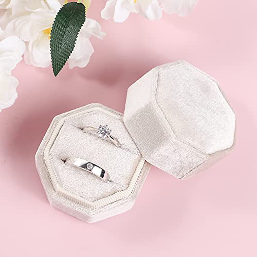 Etercycle Velvet Ring Box, Octagon Gorgeous Vintage Double Jewelry Ring Gift Box with Detachable Lid for Proposal Engagement Wedding Ceremony (Beige)