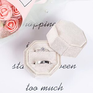 Etercycle Velvet Ring Box, Octagon Gorgeous Vintage Double Jewelry Ring Gift Box with Detachable Lid for Proposal Engagement Wedding Ceremony (Beige)