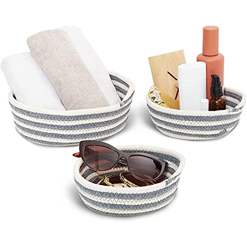 Woven Baskets for Storage, Grey Striped Round Basket (3 Sizes, 3 Pack)