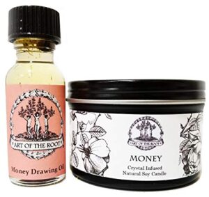 money drawing mini spell set | 4 oz soy candle with tiger’s eye crystal & a 1/2 oz oil | wealth, cash, prosperity, abundance rituals | wiccan, pagan, hoodoo, conjure, magick