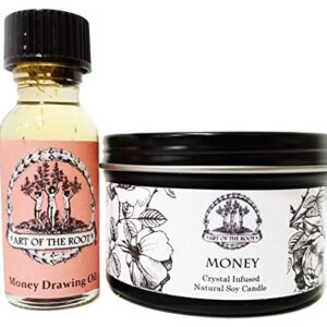 Money Drawing Mini Spell Set | 4 oz Soy Candle with Tiger's Eye Crystal & a 1/2 oz Oil | Wealth, Cash, Prosperity, Abundance Rituals | Wiccan, Pagan, Hoodoo, Conjure, Magick