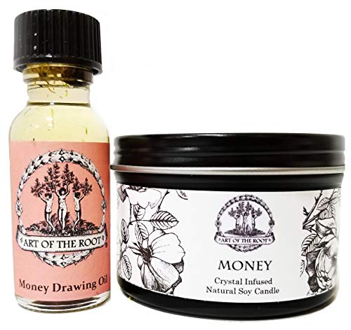 Money Drawing Mini Spell Set | 4 oz Soy Candle with Tiger's Eye Crystal & a 1/2 oz Oil | Wealth, Cash, Prosperity, Abundance Rituals | Wiccan, Pagan, Hoodoo, Conjure, Magick