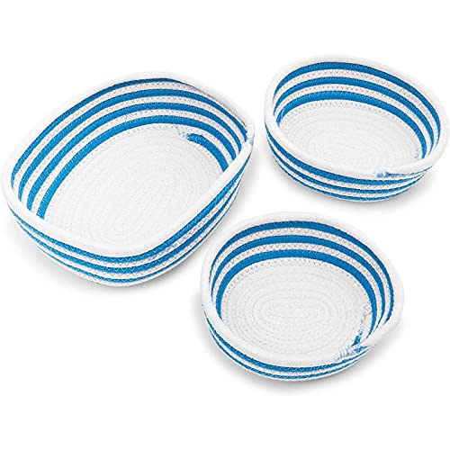 Round Woven Storage Baskets, Blue and White Stripes (3 Sizes, 3 Pack)