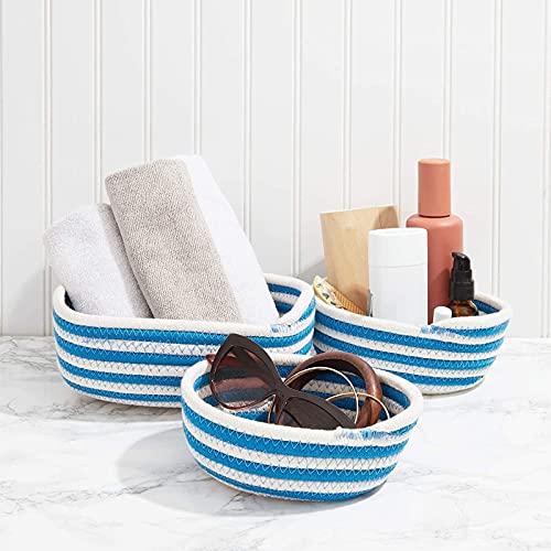 Round Woven Storage Baskets, Blue and White Stripes (3 Sizes, 3 Pack)