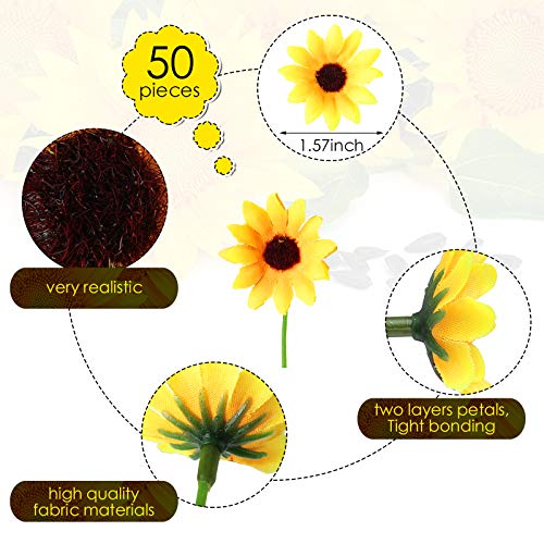 Luinabio 50 Pieces Mini Artificial Sunflower Heads with Iron Wire for Home Party Decoration Wedding Decor, Bride Holding Flowers Centerpieces Wreath Garden Craft DIY Art Decor Crafts (1.77 Inch)