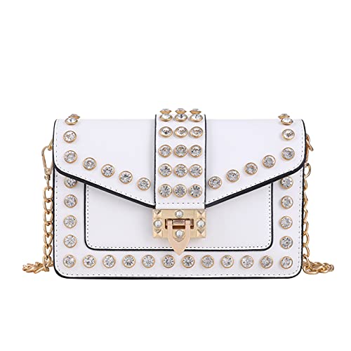 Qiayime Purses and Handbags for Women Rhinestone Fashion PU Leather Top Handle Crystal Chain Rivet Satchel Shoulder Tote Crossbody clutch Bags