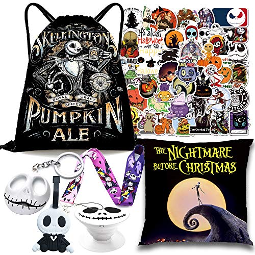 WASDLIFE GLEO Nightmare Jack Skellington Drawstring Bag, Stickers, Lanyard, Black,