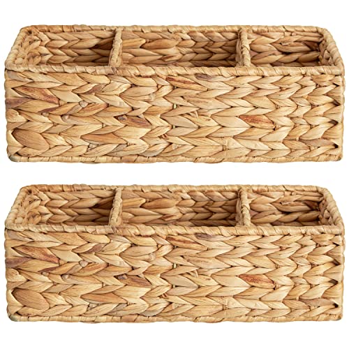 StorageWorks 3-Section Wicker Baskets for Shelves, Hand-Woven Water Hyacinth Storage Baskets, 2-Pack