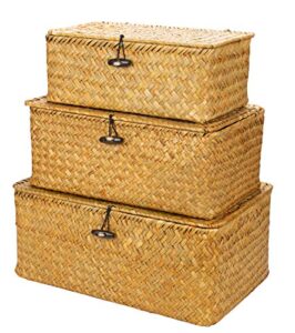 yesland shelf baskets with lid set of 3, handwoven seagrass storage bins box rectangular seagrass basket storage organizer wicker basket for shelf