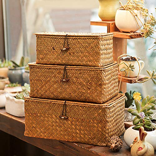 Yesland Shelf Baskets with Lid Set of 3, Handwoven Seagrass Storage Bins Box Rectangular Seagrass Basket Storage Organizer Wicker Basket for Shelf