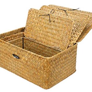 Yesland Shelf Baskets with Lid Set of 3, Handwoven Seagrass Storage Bins Box Rectangular Seagrass Basket Storage Organizer Wicker Basket for Shelf