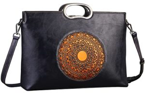 genuine leather handbags for women, organizer crossbody bag large satchel vintage embossing totem shoulder bag