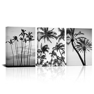 artkissmore tropical palm tree wall decor – black and white hawaii beach canvas wall art pictures framed for home bathroom bedroom living room wall decor framed 12″x16″x3pcs
