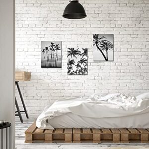 ArtKissMore Tropical Palm Tree Wall Decor - Black and White Hawaii Beach Canvas Wall Art Pictures Framed for Home Bathroom Bedroom Living Room Wall Decor Framed 12"x16"x3pcs