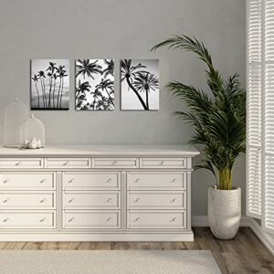 ArtKissMore Tropical Palm Tree Wall Decor - Black and White Hawaii Beach Canvas Wall Art Pictures Framed for Home Bathroom Bedroom Living Room Wall Decor Framed 12"x16"x3pcs