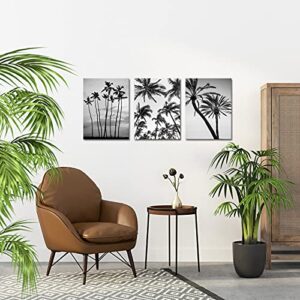 ArtKissMore Tropical Palm Tree Wall Decor - Black and White Hawaii Beach Canvas Wall Art Pictures Framed for Home Bathroom Bedroom Living Room Wall Decor Framed 12"x16"x3pcs