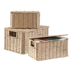 motifeur hand-woven paper rope baskets with lids, multi-purpose stackable utility organizers (set of 3, large 12.6″x9.8″x7.3″, medium 11.8″x7.9″x6.3″, small 9.8″x5.9″x5.5″, natural/beige)
