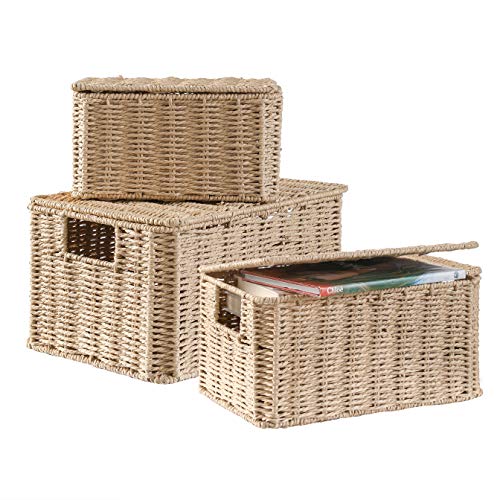 Motifeur Hand-woven Paper Rope Baskets With Lids, Multi-purpose Stackable Utility Organizers (Set of 3, Large 12.6"x9.8"x7.3", Medium 11.8"x7.9"x6.3", Small 9.8"x5.9"x5.5", Natural/Beige)