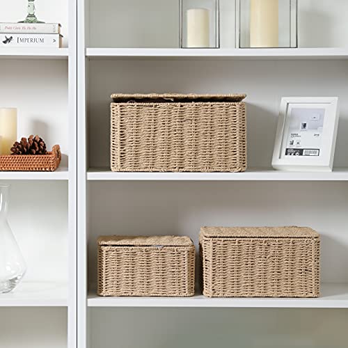 Motifeur Hand-woven Paper Rope Baskets With Lids, Multi-purpose Stackable Utility Organizers (Set of 3, Large 12.6"x9.8"x7.3", Medium 11.8"x7.9"x6.3", Small 9.8"x5.9"x5.5", Natural/Beige)