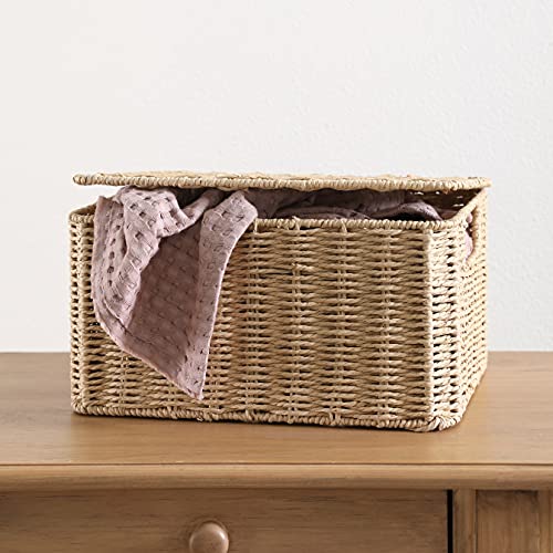 Motifeur Hand-woven Paper Rope Baskets With Lids, Multi-purpose Stackable Utility Organizers (Set of 3, Large 12.6"x9.8"x7.3", Medium 11.8"x7.9"x6.3", Small 9.8"x5.9"x5.5", Natural/Beige)