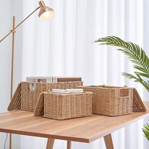 Motifeur Hand-woven Paper Rope Baskets With Lids, Multi-purpose Stackable Utility Organizers (Set of 3, Large 12.6"x9.8"x7.3", Medium 11.8"x7.9"x6.3", Small 9.8"x5.9"x5.5", Natural/Beige)