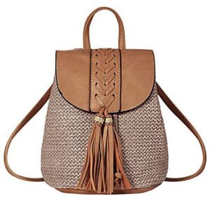 meyaus women small braid tassels straw woven backpack pu leather flap drawstring daypack shoulder bag
