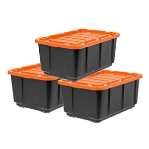 iris usa 27 gallon heavy-duty plastic storage tote with lids, storage plastic bin organizer container with durable lid and secure latching buckles, black/orange, 3 pack