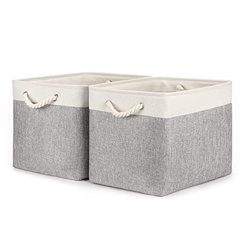 Bidtakay Baskets Set of 2 Shelf Baskets for Clothes 16" X 11.8" X 11.8" Collapsible Canvas Linen Storage Basket with Handles Large Storage Bins Fabric Baskets for Organizing, Closet(White&Grey)