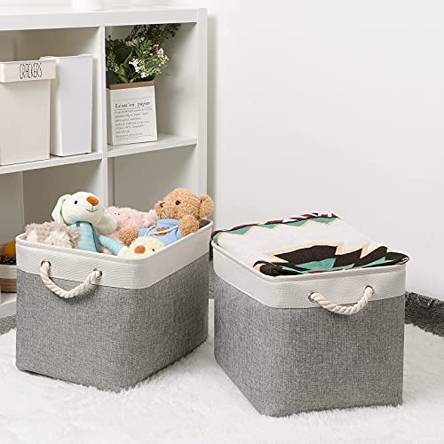 Bidtakay Baskets Set of 2 Shelf Baskets for Clothes 16" X 11.8" X 11.8" Collapsible Canvas Linen Storage Basket with Handles Large Storage Bins Fabric Baskets for Organizing, Closet(White&Grey)