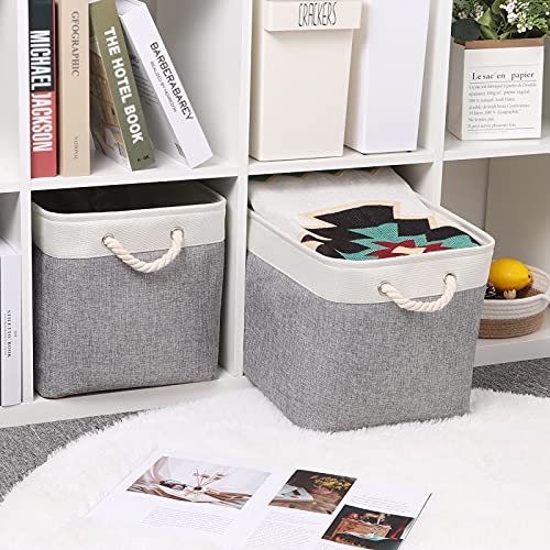 Bidtakay Baskets Set of 2 Shelf Baskets for Clothes 16" X 11.8" X 11.8" Collapsible Canvas Linen Storage Basket with Handles Large Storage Bins Fabric Baskets for Organizing, Closet(White&Grey)