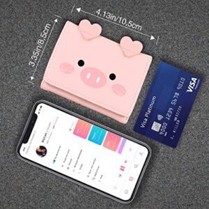 CONISY Cute Wallets for Women, Leather RFID Blocking Small Trifold Wallet with ID Window for Girls and Ladies Womens Wallet -Pig (Pink)