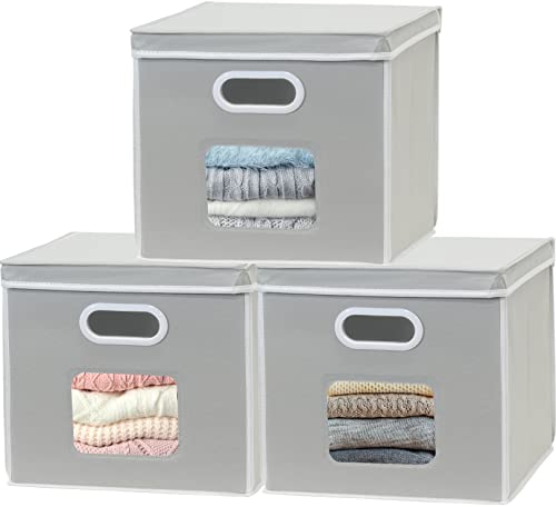 Simple Houseware 3-Pack 12-Inch Clear Window Cube Storage Bin with Lid, Grey