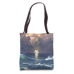 jesus christ walking on water religious picture art print tote bag
