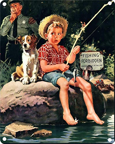 Vintage Tin Poster 1950s Trouble Brewing Boy Fishing Metal Tin Sign 8x12 Inch Retro Home Kitchen Office Garden Garage Wall Decor Tin Plaque New