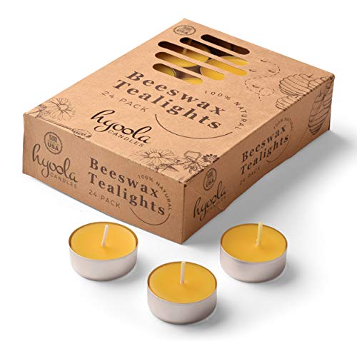 HYOOLA Beeswax Tealight Candles in Aluminum Cup - 24 Pack - 100% Pure Natural Beeswax Candles