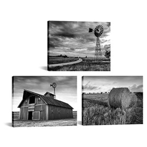 simiwow farmhouse landscape picture wall decor countryside windmill barn picture wall art canvas prints framed 12″x16″x3 pieces, black and white