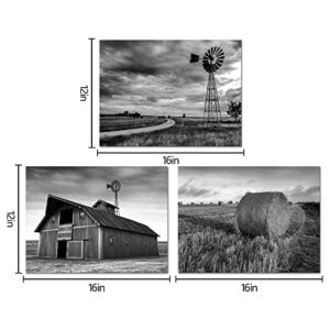 SiMiWOW Farmhouse Landscape Picture Wall Decor Countryside Windmill Barn Picture Wall Art Canvas Prints Framed 12"x16"x3 Pieces, Black and White