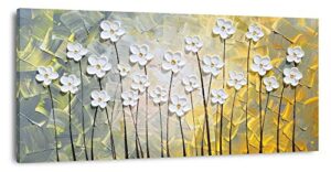 sygallerier white flower canvas wall art hand painted heavy textured paintings yellow and white pictures contemporary artwork for living room bedroom dinning decor