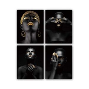 ryyllh minimalist art painting african american wall art set of 4 black woman fashion gold earrings necklace for girl room home decor no frame 8×10 inches 8 x 10 inch