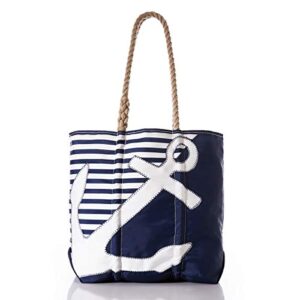 sea bags recycled sail cloth breton stripe white anchor medium tote travel tote bag, carry on bag, tote bag for work rope handles