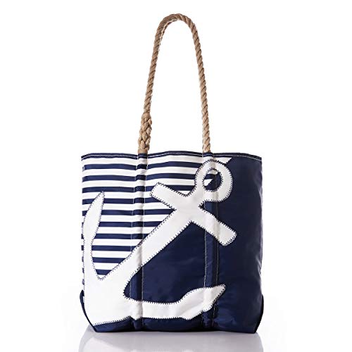 Sea Bags Recycled Sail Cloth Breton Stripe White Anchor Medium Tote Travel Tote Bag, Carry On Bag, Tote Bag for Work Rope Handles