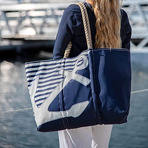 Sea Bags Recycled Sail Cloth Breton Stripe White Anchor Medium Tote Travel Tote Bag, Carry On Bag, Tote Bag for Work Rope Handles